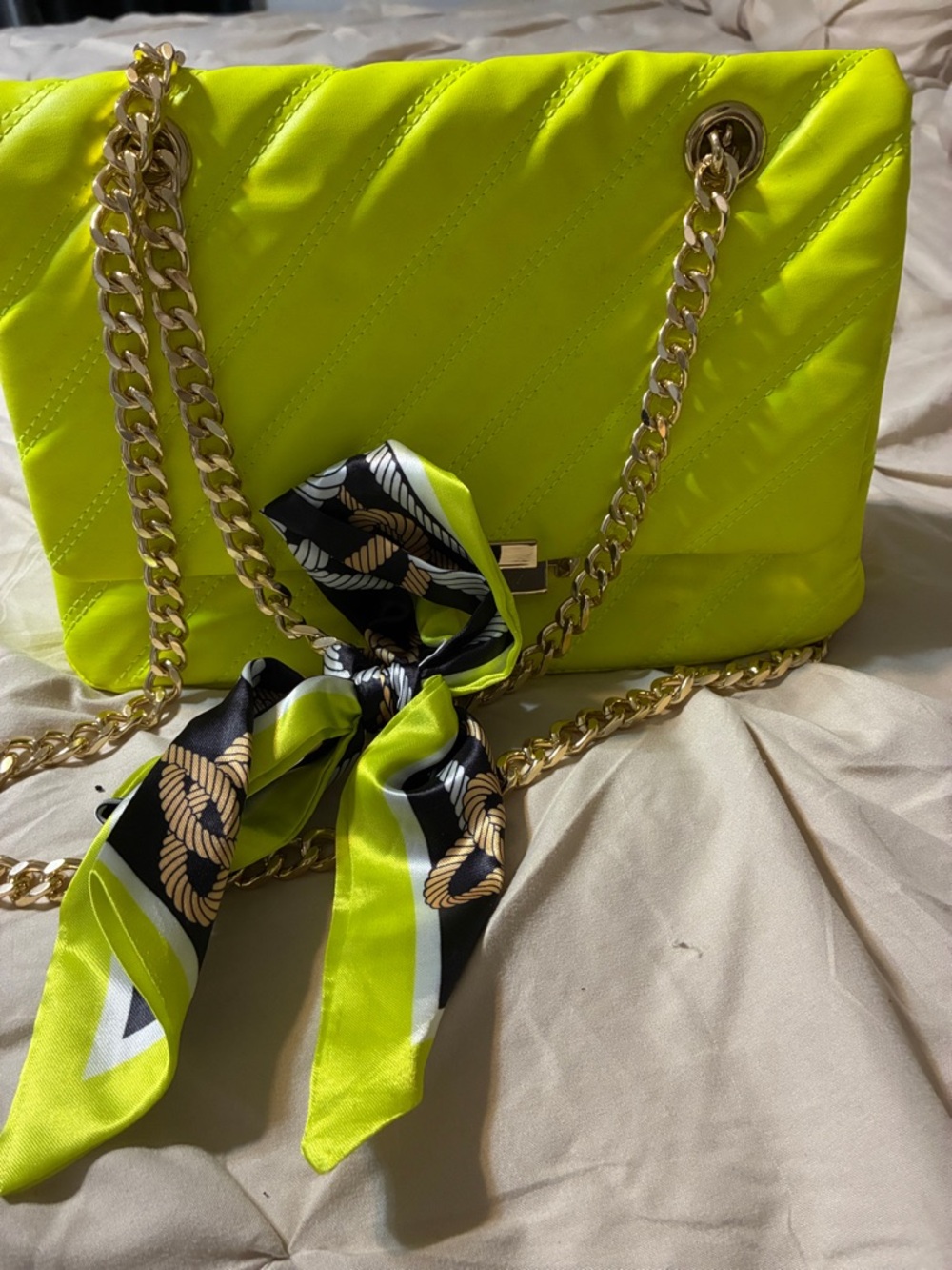 Neon Yellow Quilted Chain Shoulder Bag with Scarf Accent -Aldo